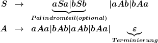 [latex]<br />
S & \rightarrow &\underbrace{ aSa | bSb }_{Palindromteil (optional)} | aAb | bAa <br />
A & \rightarrow & aAa | bAb | aAb | bAa | \underbrace{\varepsilon}_{Terminierung}<br />
[/latex]